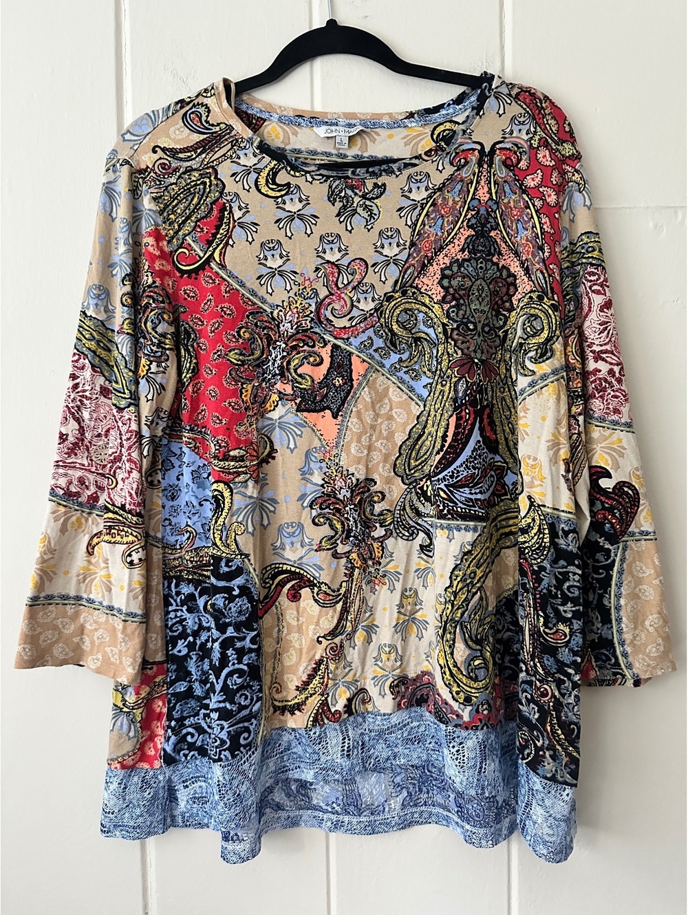 John Mark Patchwork Mixed Print Tunic Size Large Boho Paisley Art to Wear Top